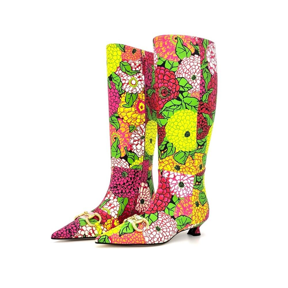 NIB Gucci x Ken Scott Horsebit Pomponica Knee High Floral Kitten Heel Boots 36